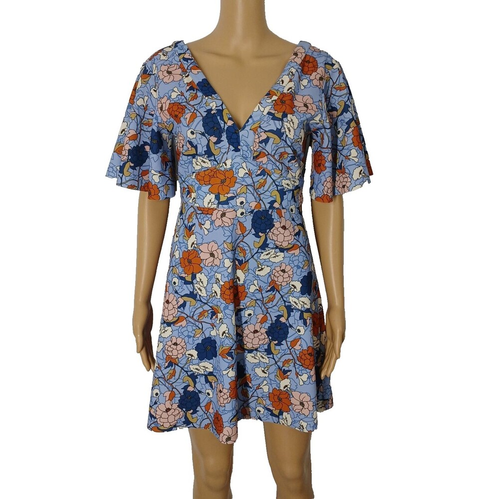Zara 70's Style Dress Blue Floral Mini Go Go Hippie Short Sleeve V Neck Flare